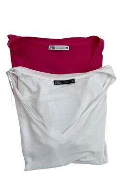 Bundle Of Two Zara V-Neck Tees In White & Fuchsia